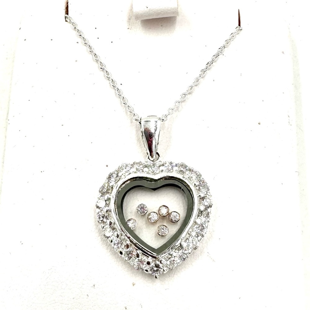 Sweet Heart Sterling Silver CZ Heart Pendant Necklace Floating Cz’s NIB